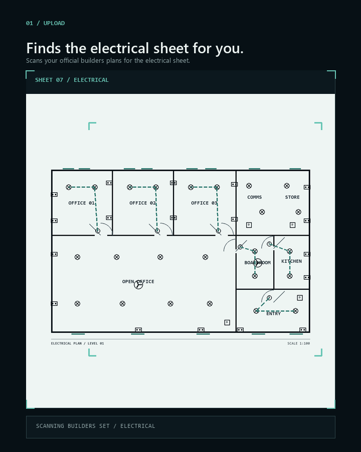 A stack of plan sheets being searched until the electrical drawing is found.